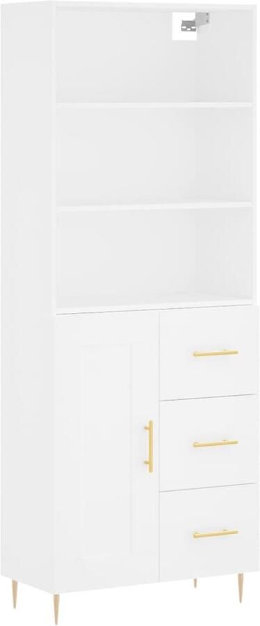 The Living Store Hoge Kast Wit 69.5 x 34 x 180 cm Duurzaam hout Voldoende opbergruimte Praktische deur Metalen voeten Inclusief dressoir opzetkast - Foto 4