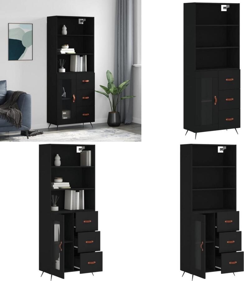VidaXL Hoge kast 69 5x34x180 cm bewerkt hout zwart Hoge Kast Hoge Kasten Dressoir Buffetkast - Foto 3