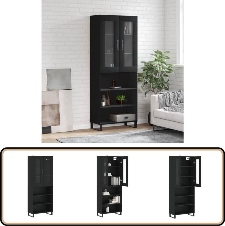 VidaXL Hoge Kast Zwart Bewerkt Hout & Glas Hoge Kast Zwarte Kast Opslagkast Kledingkast Woonkamerkast