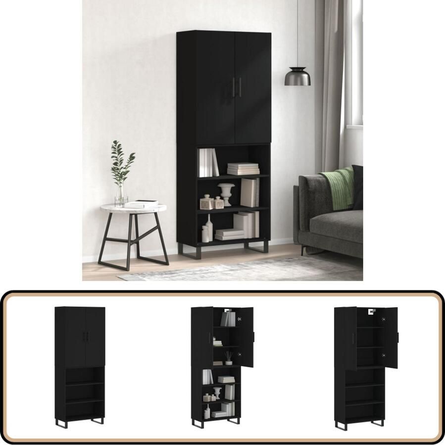 VidaXL Hoge kast 69 5x34x180 cm Zwart Hout & Metaal Hoge Kast Zwarte Kast Houten Kast Opbergkast Bibliotheekkast
