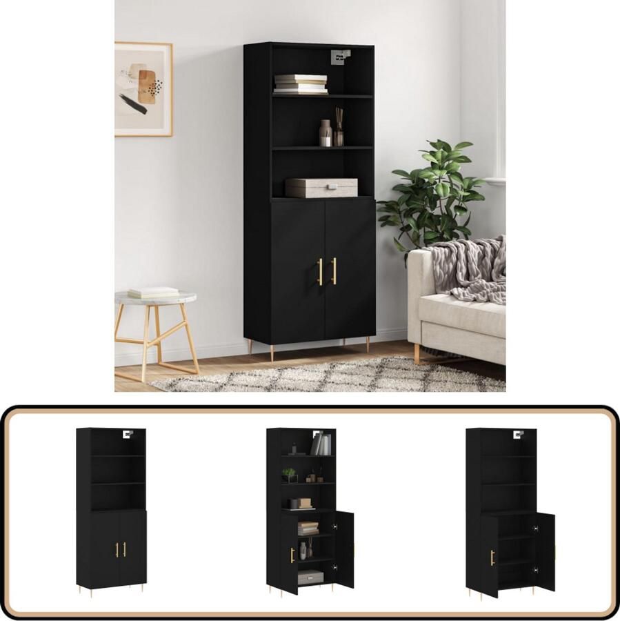 VidaXL Hoge Kast Bewerkt Hout Zwart 69 5x34x180 cm Hoge Kast Houten Kast Zwarte Kast Opbergkast