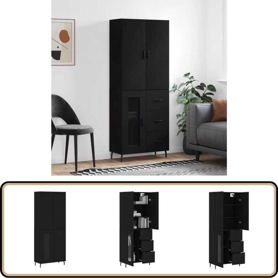 VidaXL Hoge Kast 69 5x34x180 cm Zwart Hout Hoge Kast Zwarte Kast Houten Kast Opslagkast Kledingkast