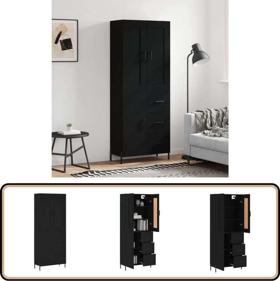 VidaXL Hoge Kast Bewerkt Hout 69 5x34x180 cm Zwart Hoge Kast Dressoir Buffetkast Opbergkast Houten Kast