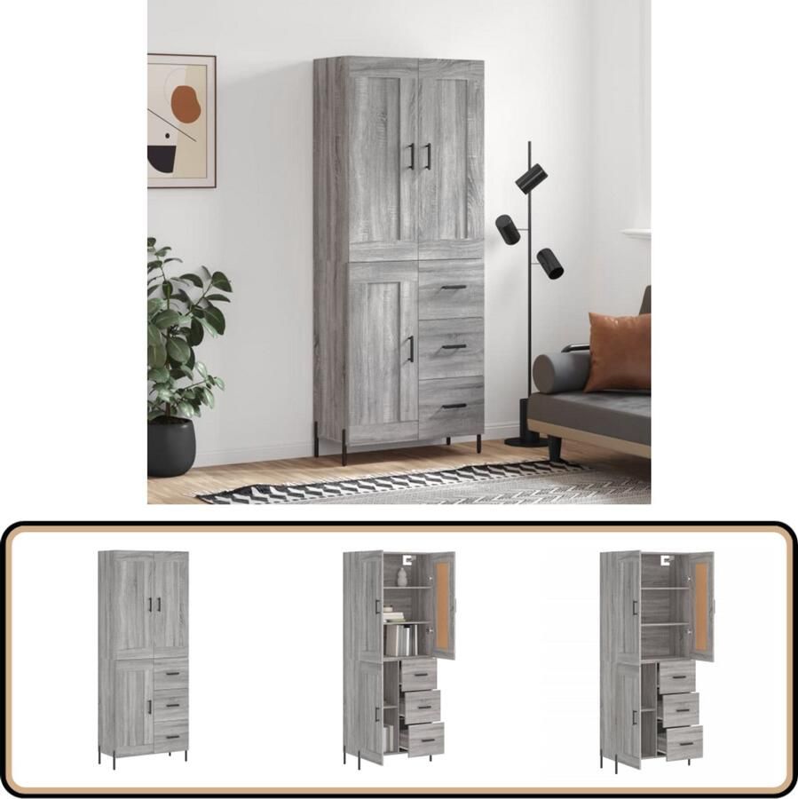 VidaXL Hoge kast 69 5x34x180 cm Grijs Sonoma Eiken Hoge Kast Dressoir Buffetkast Opbergkast Grijze Kast - Foto 6