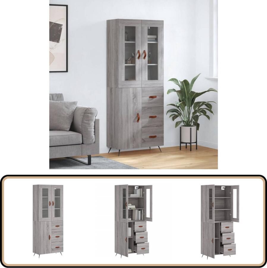VidaXL Hoge kast 69 5x34x180 cm Grijs Sonoma Eiken Hoge Kast Kledingkast Opslagoplossing Grijze Kast Houten Kast