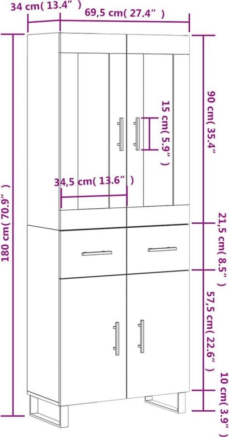 VidaXL Hoge Kast 69 5x34x180 cm Wit Hoge Kast Kledingkast Opbergkast Houten Kast