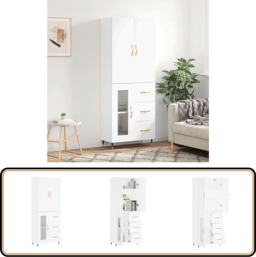 VidaXL Hoge Kast 69 5x34x180 cm Wit Hout Hoge Kast Houten Kast Witte Kast Opslagkast Kledingkast - Foto 2
