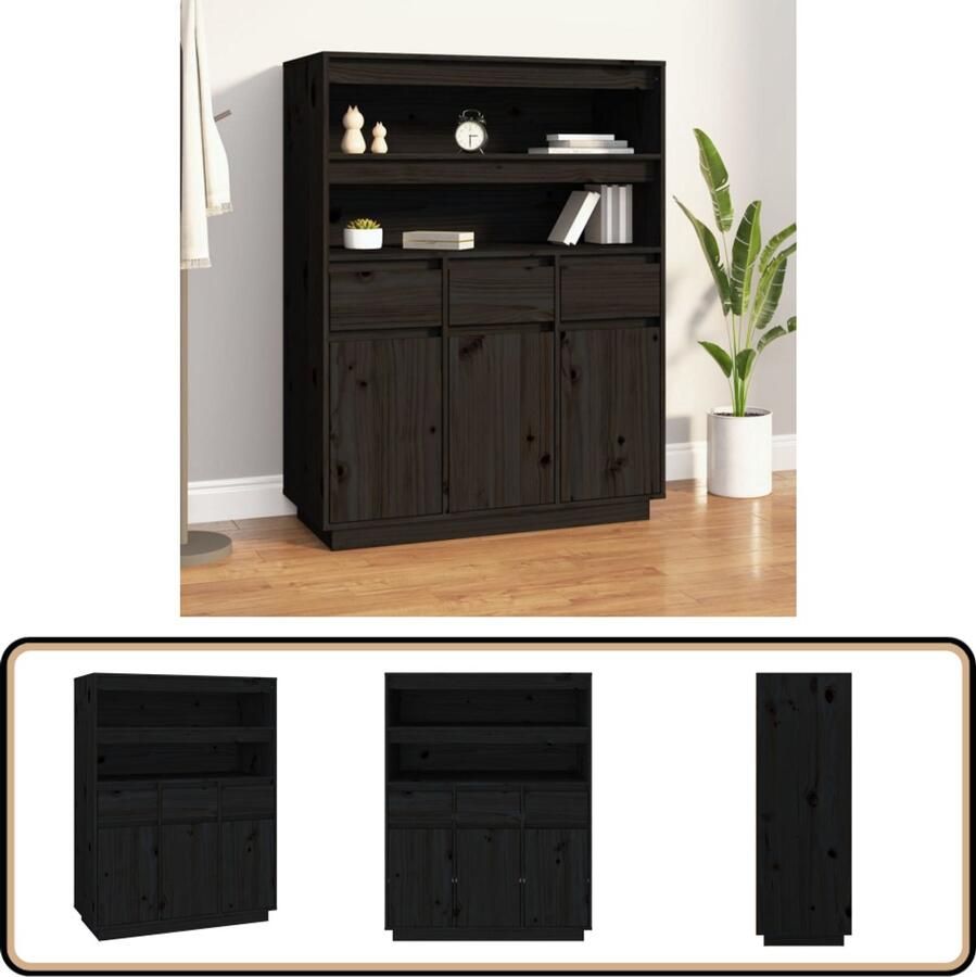 VidaXL Hoge Kast Zwart Massief Grenenhout Hoge Kast Grenoble Hout Zwarte Kast Opslagkast Kledingkast
