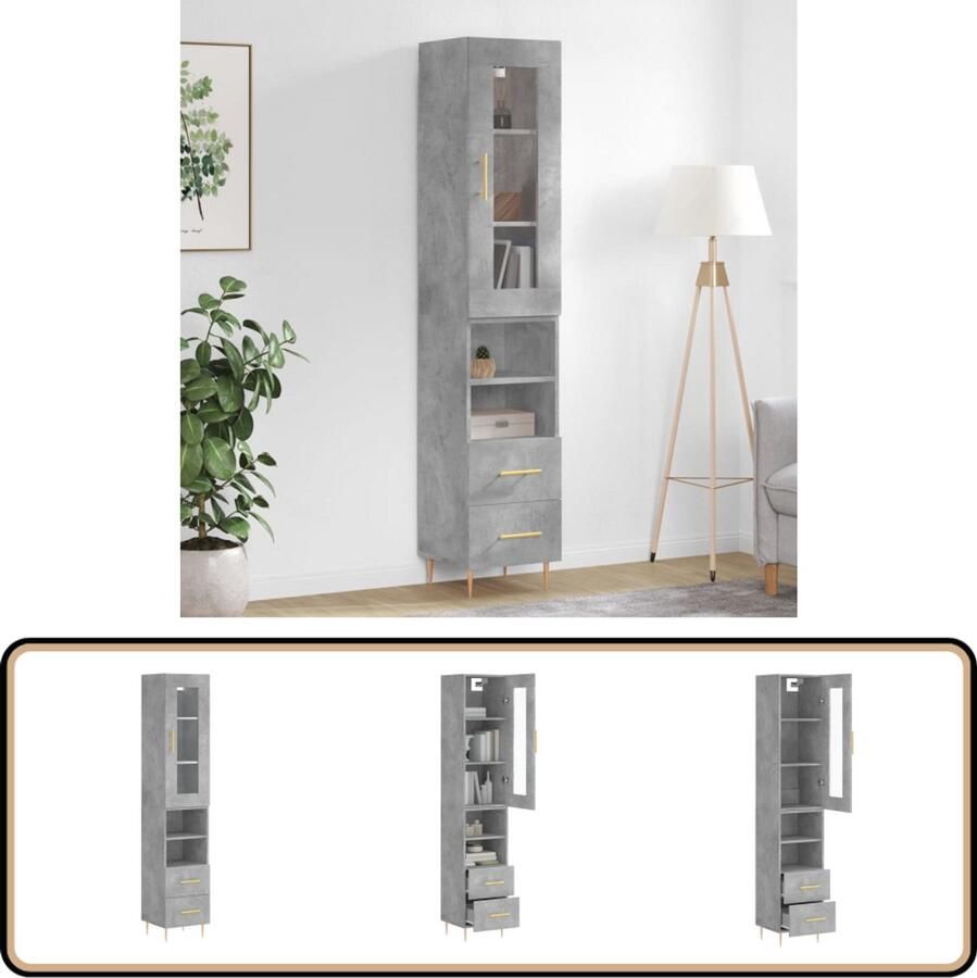 VidaXL Hoge kast betongrijs 180 cm met opzetkast Hoge Kast Opbergkast Betongrijs Houten Kast - Foto 2