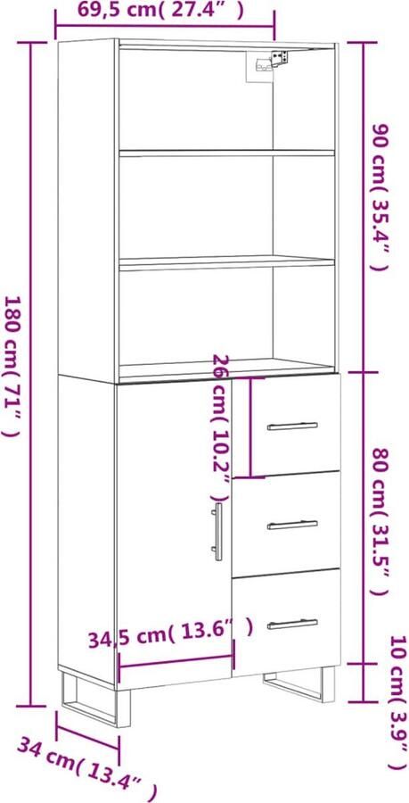 VidaXL Hoge Kast Betongrijs 69 5x34x180 cm Hoge Kast Opbergkast Betonnen Grijze Kast Houten Kast Woonkamer Kast