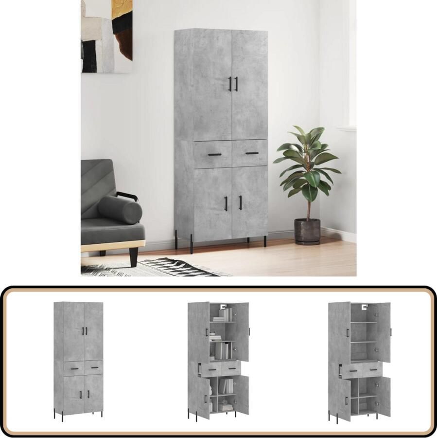 VidaXL Hoge kast betongrijs 69 5x34x180 cm Hoge Kast Opslagkast Kledingkast Houten Kast Grijze Kast