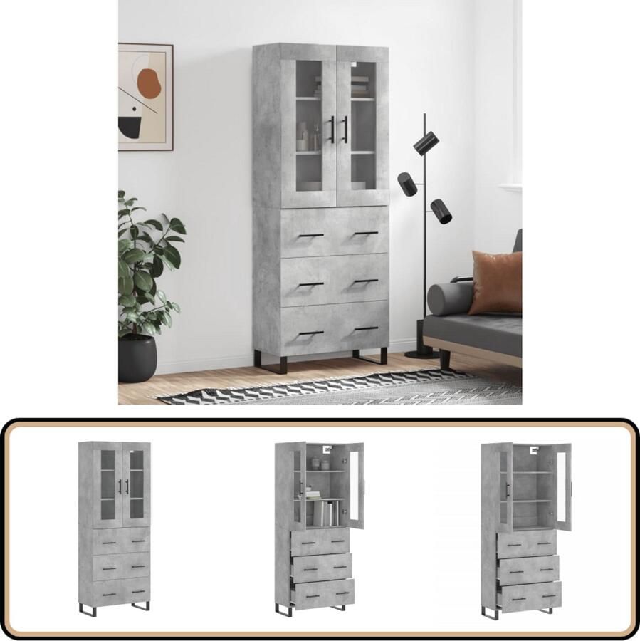 VidaXL Hoge Kast Betongrijs Hout en Glas 180 cm Hoge Kast Dressoir Buffetkast Houten Kast Grijze Kast