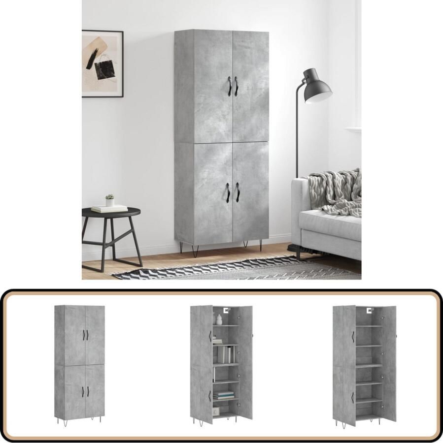 VidaXL Hoge Kast Betongrijs Hout-Metaal 69 5x34x180cm Hoge Kast Betonnen Kast Houten Kast Opbergkast Kledingkast