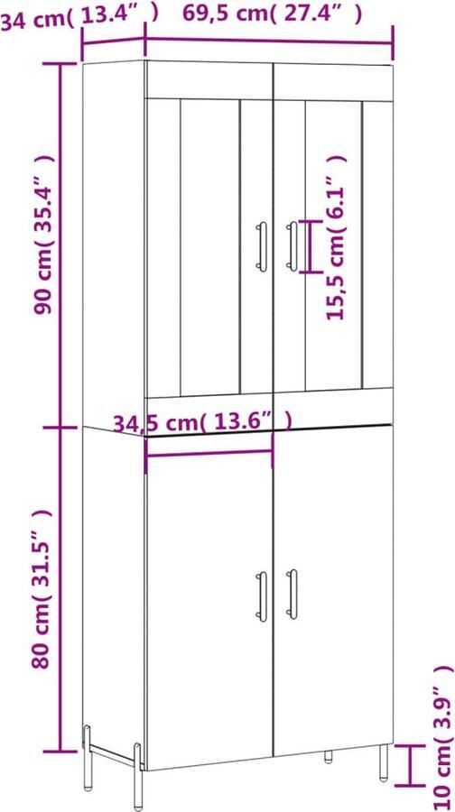 VidaXL Hoge kast Bewerkt hout Gerookt eiken 69 5x34x180 cm Hoge Kast Dressoir Buffetkast Opbergkast Houten Kast