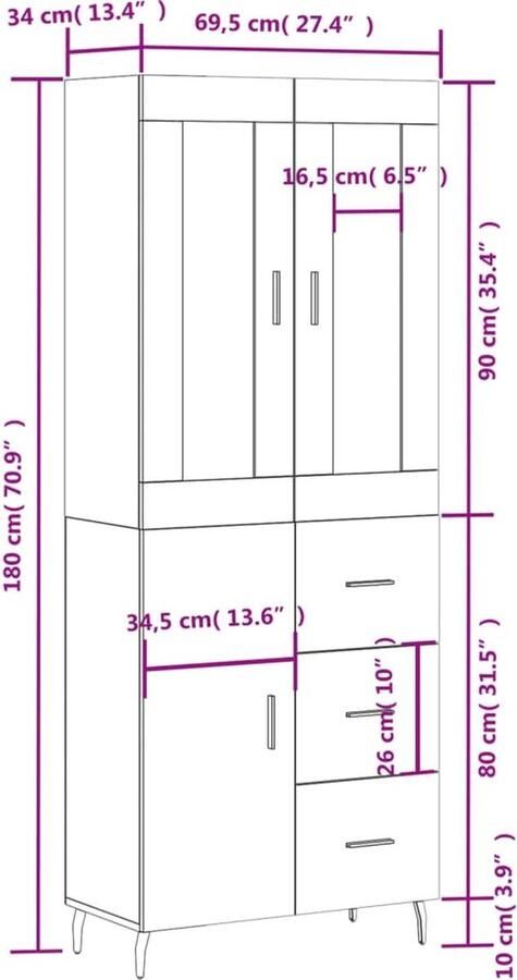 VidaXL Hoge kast Bewerkt hout Gerookt eikenkleurig Hoge Kast Dressoir Buffetkast Opbergkast Houten Kast
