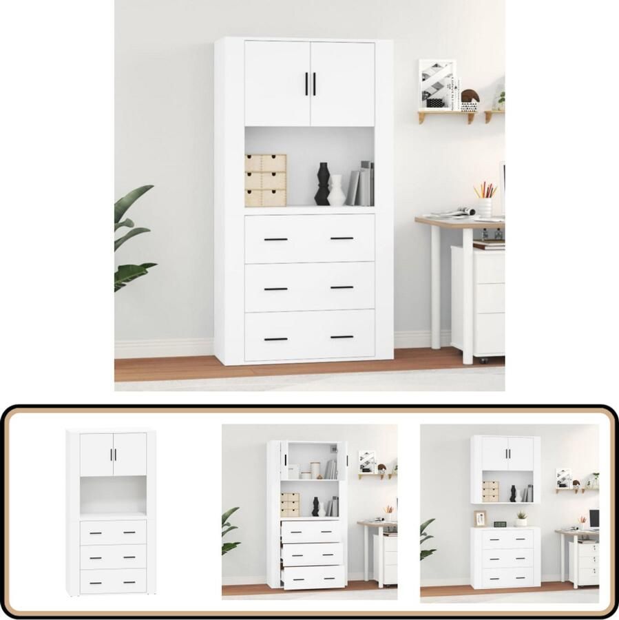 VidaXL Hoge kast Wit Bewerkt hout 80x33x80 cm Hoge Kast Buffetkast Wandmontage Houten Kast Opslagruimte