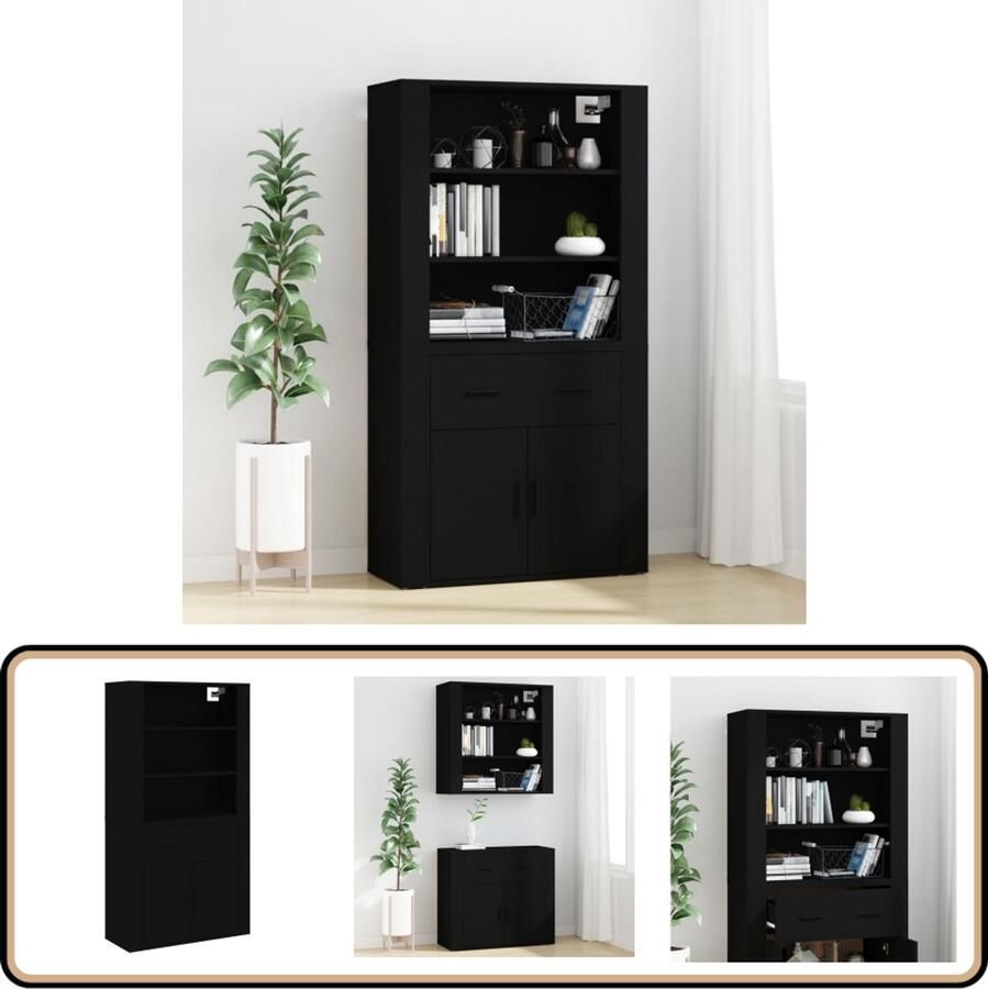 VidaXL Hoge kast Bewerkt hout Zwart 80x33x80 cm Hoge Kast Buffetkast Houten Kast Zwarte Kast Opslagruimte - Foto 2