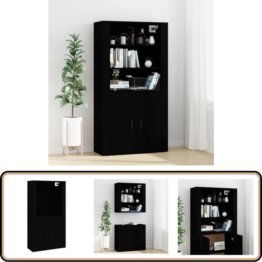 VidaXL Hoge kast Bewerkt hout Zwart Hoge Kast Buffetkast Wandmontage Houten Kast Zwarte Kast - Foto 2