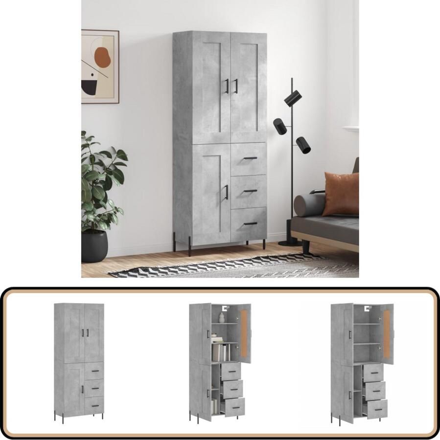 VidaXL Hoge Kast Bewerkte Hout Betongrijs 180 cm Hoge Kast Dressoir Buffetkast Houten Kast Grijze Kast - Foto 2