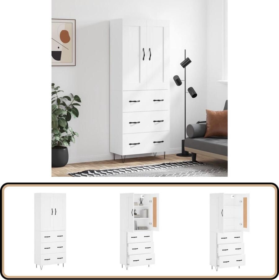 VidaXL Hoge Kast Bewerkte Hout & Metaal Wit Hoge Kast Houten Kast Wit Kast Opslagkast Kledingkast