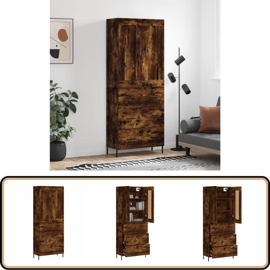 VidaXL Hoge Kast Bewerkte Hout Gerookt Eiken 180 cm Hoge Kast Dressoir Buffetkast Houten Kast Opslagoplossing - Foto 2