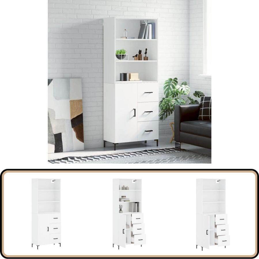 VidaXL Hoge Kast Bewerkte Hout Wit 69 5x34x180 cm Hoge Kast Dressoir Buffetkast Houten Kast Witte Kast - Foto 2