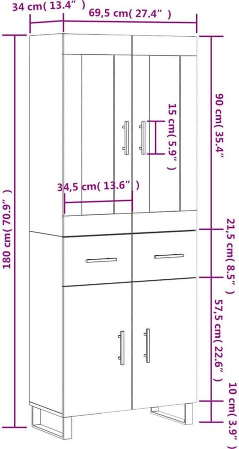 VidaXL Hoge Kast Gerookt Eiken 69 5x34x180 cm Hoge Kast Dressoir Buffetkast Opbergkast Houten Kast