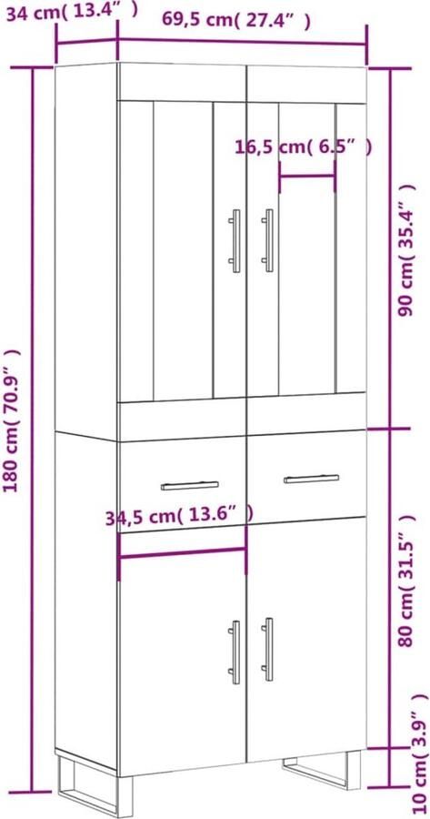 VidaXL Hoge Kast Gerookt Eiken 69 5x34x180 cm Hoge Kast Opbergkast Houten Kast Met Deuren Vintage Kast