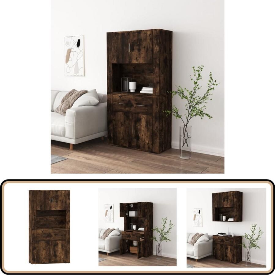 VidaXL Hoge kast Gerookt eiken Bewerkte hout Hoge Kast Dressoir Buffetkast Houten Kast Opbergkast - Foto 2