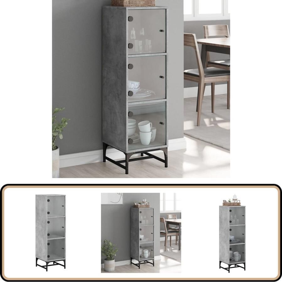 VidaXL Hoge kast Glazen deuren Betongrijs Hoge Kast Betonnen Grijze Kast Houten Kast Opbergkast Vitrinekast - Foto 2