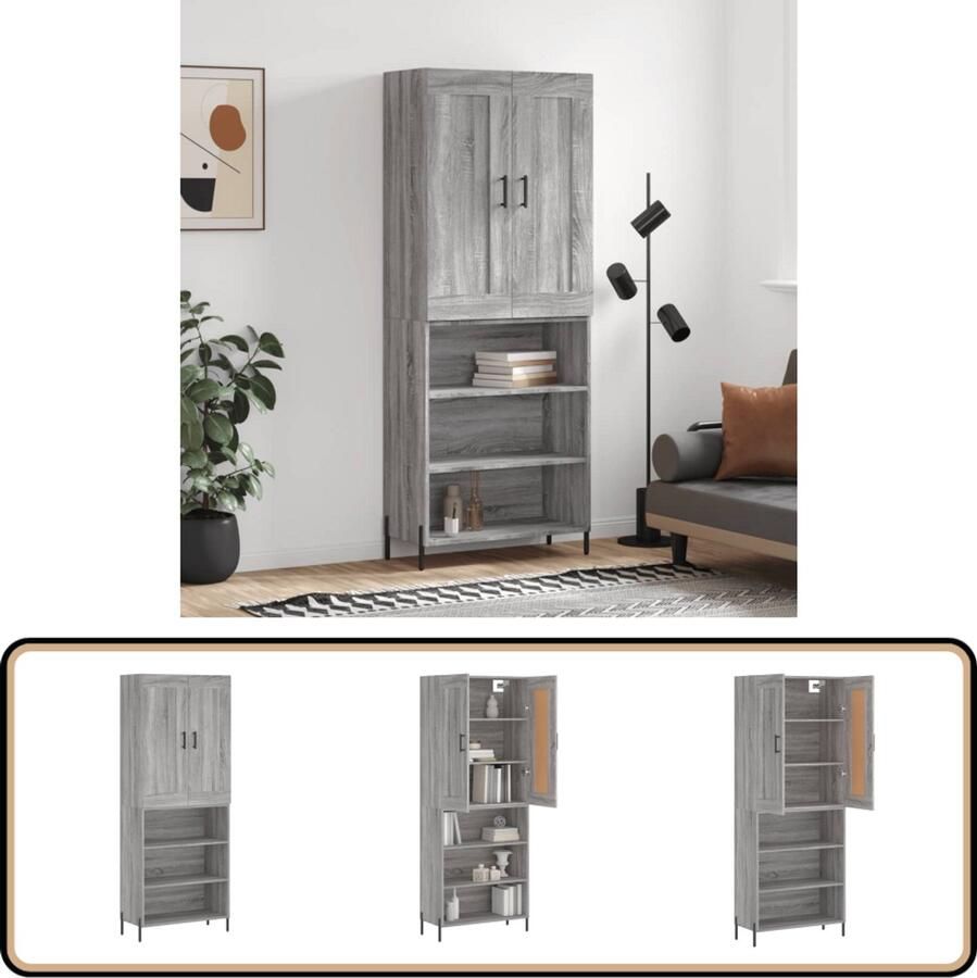 VidaXL Hoge Kast Grijs Sonoma Eiken 180 cm Hoge Kast Boekenkast Dressoir Buffetkast Grijze Kast - Foto 2