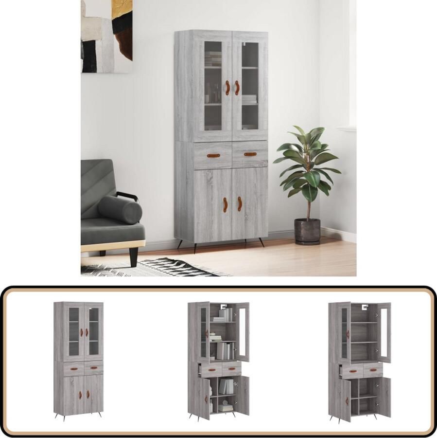VidaXL Hoge Kast Grijs Sonoma Eiken 180 cm Hoge Kast Dressoir Buffetkast Houten Kast