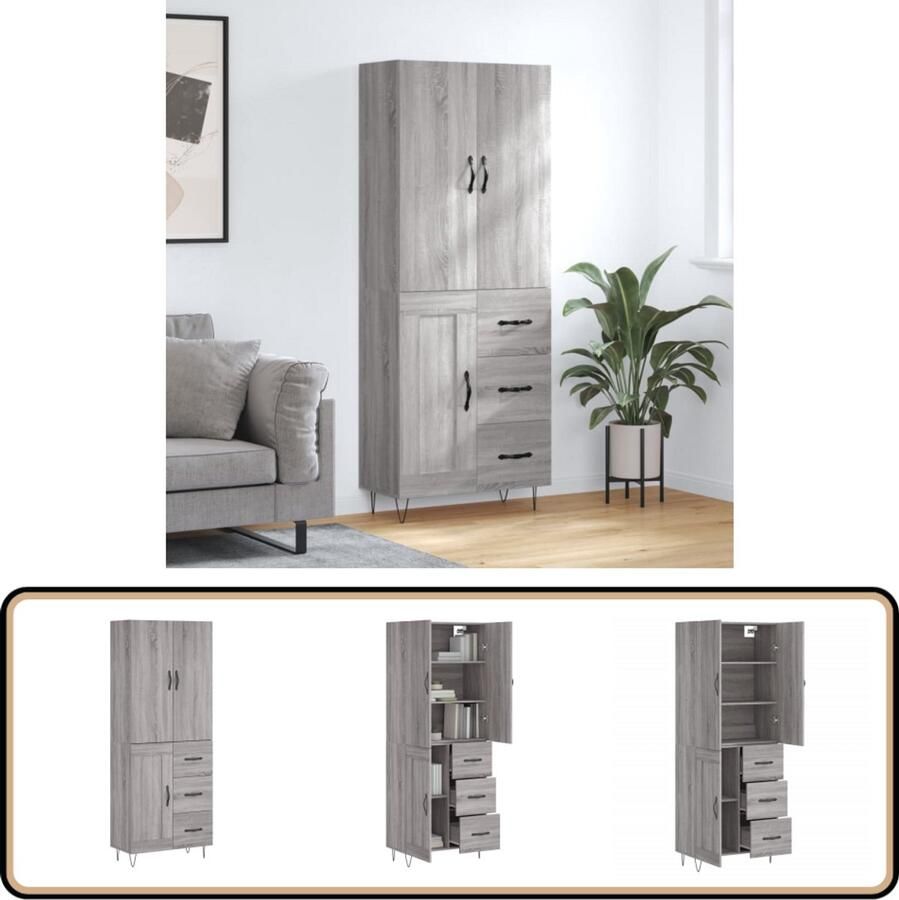 VidaXL Hoge Kast Grijs Sonoma Eiken 180 cm Hoge Kast Dressoir Buffetkast Opbergkast Grijze Kast