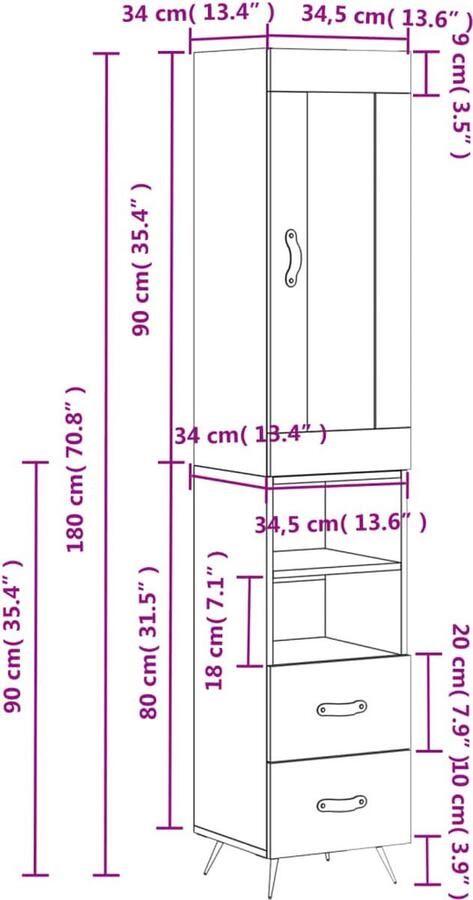 VidaXL Hoge Kast Grijs Sonoma Eiken 180 cm Hoge Kast Kledingkast Opbergkast Grijze Kast Houten Kast