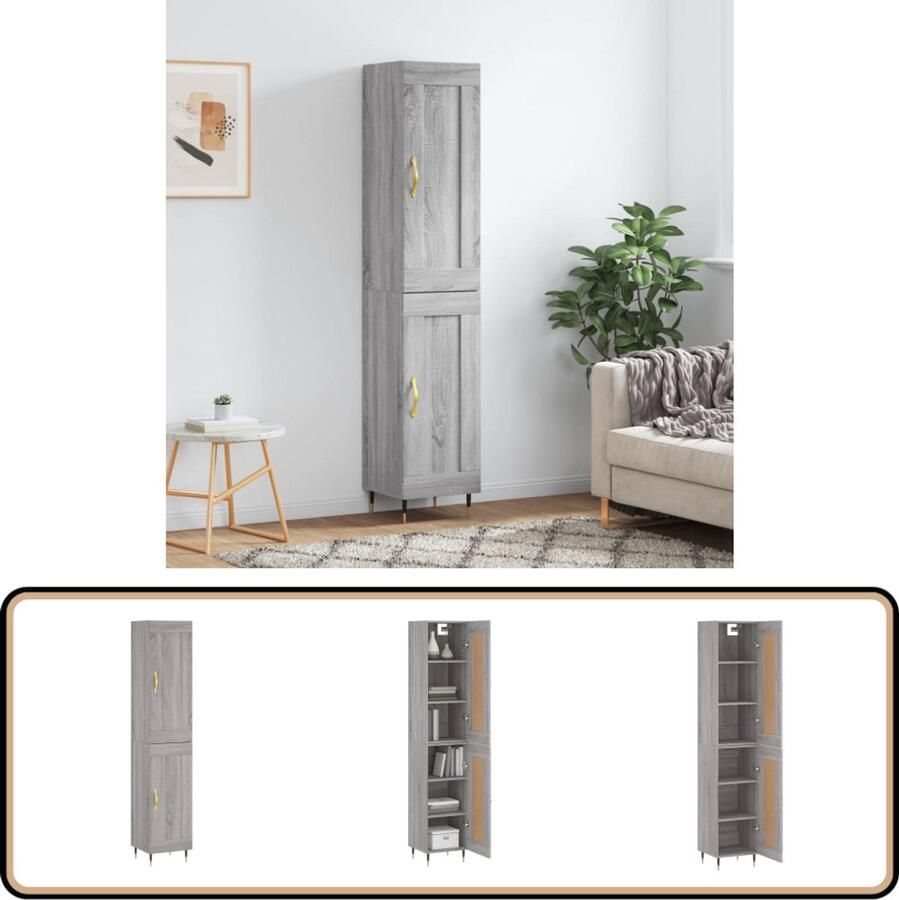 VidaXL Hoge Kast Grijs Sonoma Eiken 180cm Hoge Kast Dressoir Buffetkast Opbergkast Houten Kast
