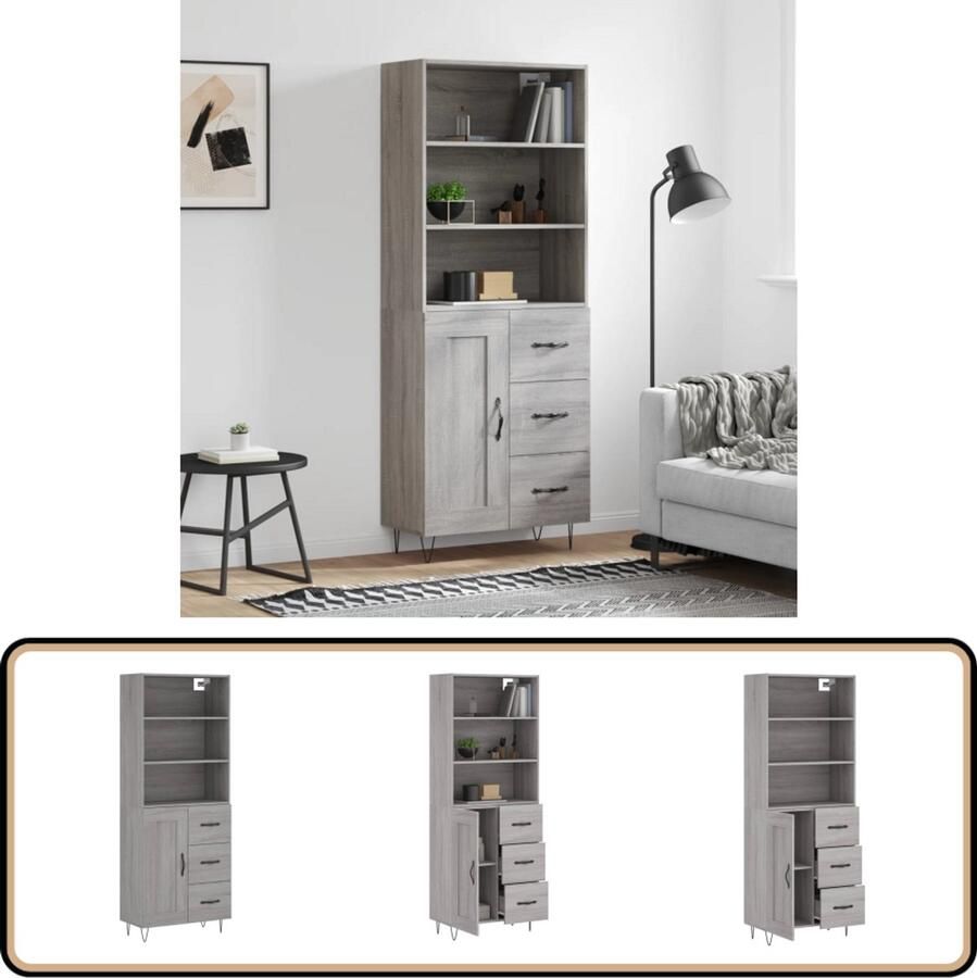 VidaXL Hoge Kast Grijs Sonoma Eiken 69 5x34x180 cm Hoge Kast Dressoir Buffetkast Grijze Kast Houten Kast