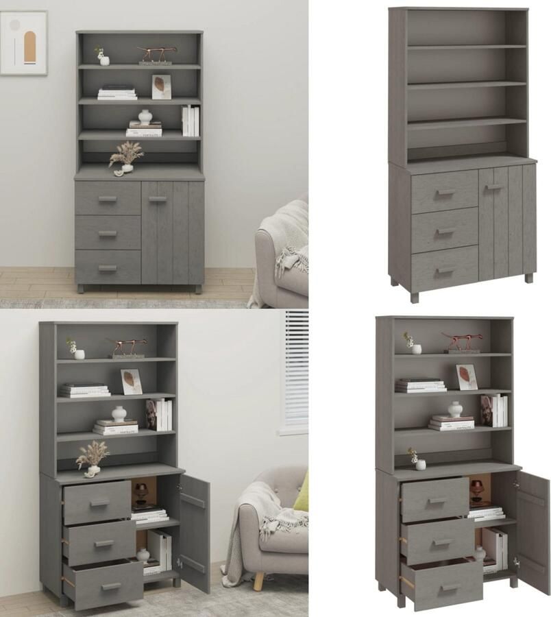VidaXL Hoge kast HAMAR massief grenenhout lichtgrijs Hoge Kast Hoge Kasten Buffetkast Dressoir