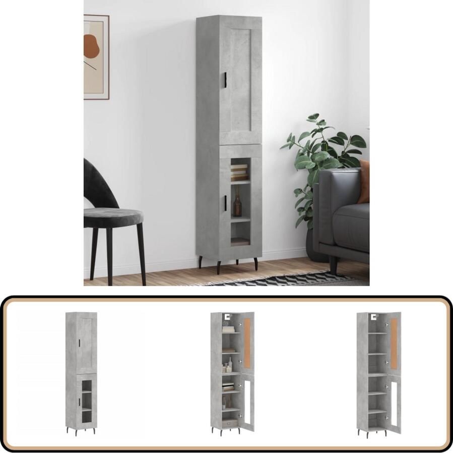 VidaXL Hoge Kast Hoge Kasten Dressoir Buffetkast Hoge kast 34 5x34x180 cm bewerkt hout betongrijs - Foto 2