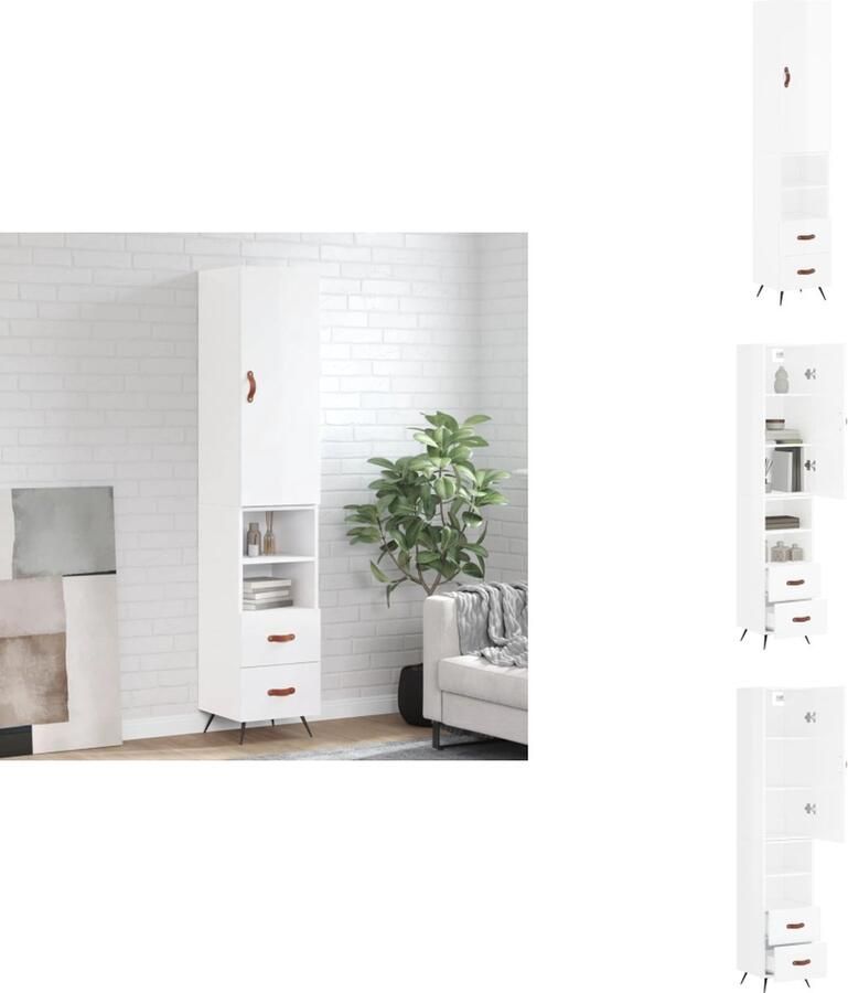 VidaXL Hoge Kast Hoge Kasten Dressoir Buffetkast Hoge kast 34 5x34x180 cm bewerkt hout hoogglans wit - Foto 3