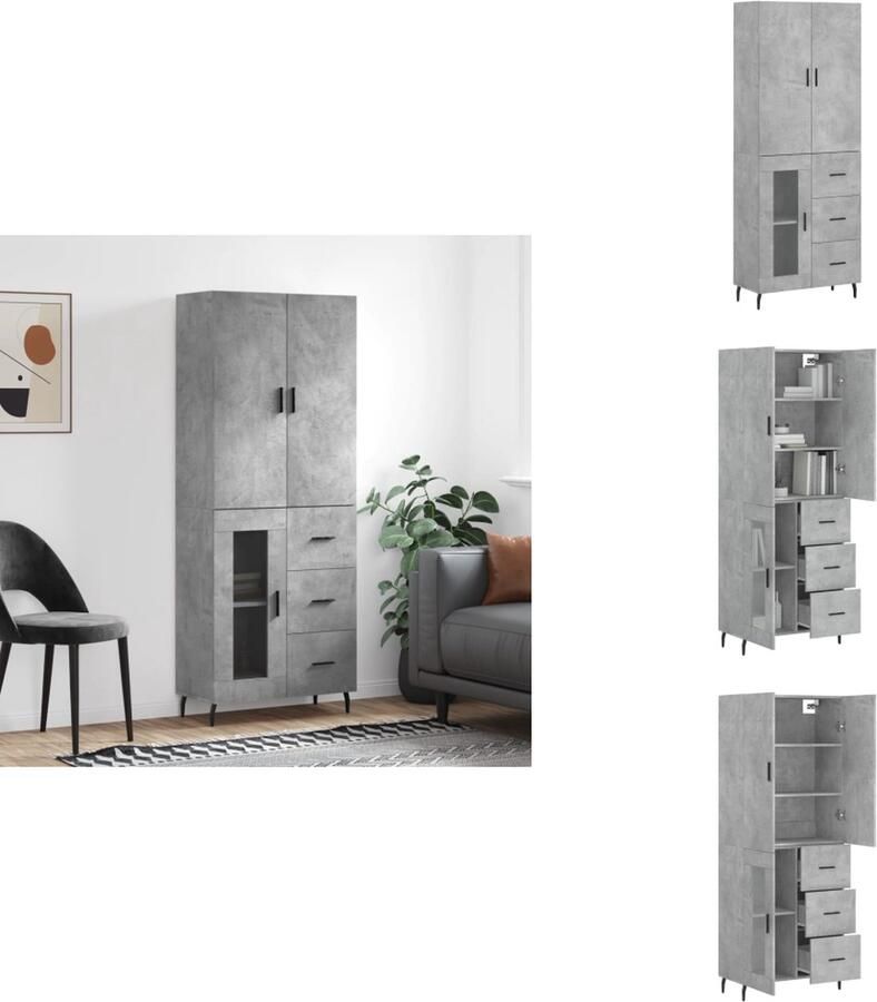 VidaXL Hoge Kast Betongrijs 69.5 x 34 x 180 cm Duurzaam materiaal Voldoende opbergruimte Praktische deuren Metalen voeten Keukenkast - Foto 2