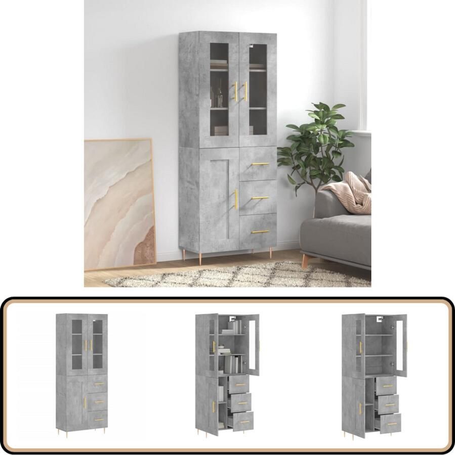 VidaXL Hoge kast 69 5x34x180 cm Betongrijs Hoge Kast Dressoir Buffetkast Opbergkast Beton Grijs - Foto 2