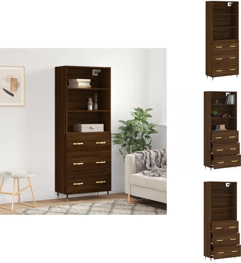 VidaXL Hoge Kast Hoge Kasten Dressoir Buffetkast Hoge kast 69-5x34x180 cm bewerkt hout bruineikenkleurig - Foto 3