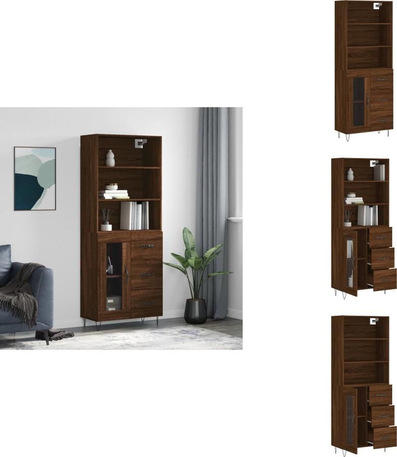 VidaXL Hoge Kast Hoge Kasten Dressoir Buffetkast Hoge kast 69-5x34x180 cm bewerkt hout bruineikenkleurig - Foto 6