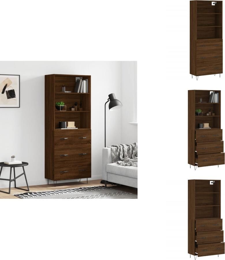 VidaXL Hoge Kast Hoge Kasten Dressoir Buffetkast Hoge kast 69-5x34x180 cm bewerkt hout bruineikenkleurig - Foto 8