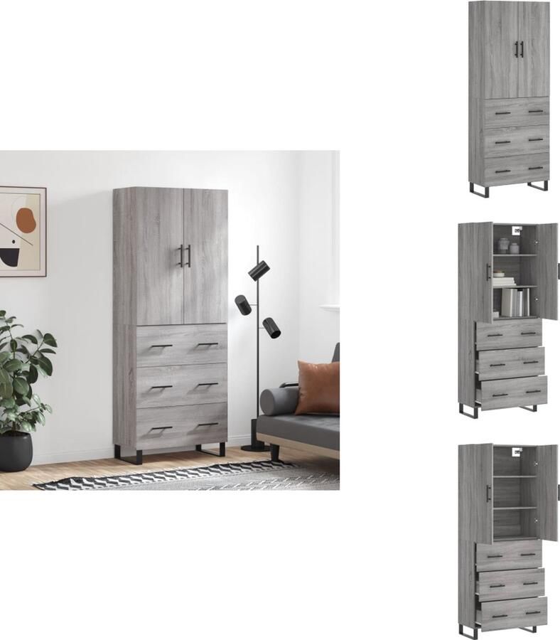 VidaXL Hoge Kast Hoge Kasten Dressoir Buffetkast Hoge kast 69 5x34x180 cm bewerkt hout grijs sonoma eikenkleurig
