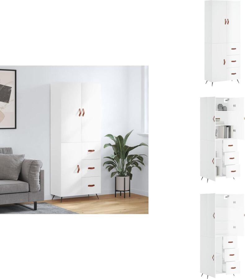 VidaXL Hoge Kast Hoge Kasten Dressoir Buffetkast Hoge kast 69-5x34x180 cm bewerkt hout hoogglans wit - Foto 2