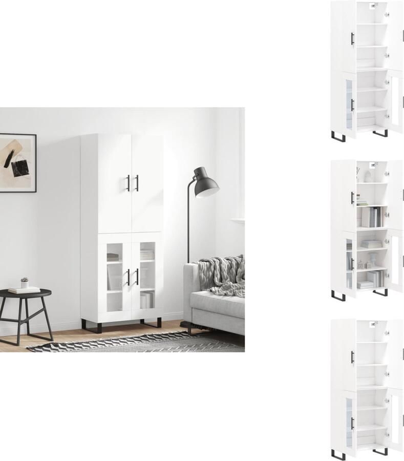 VidaXL Hoge Kast Opbergkast 69.5 x 34 x 180 cm Duurzaam bewerkt hout metaal en glas Wit Keukenkast - Foto 2