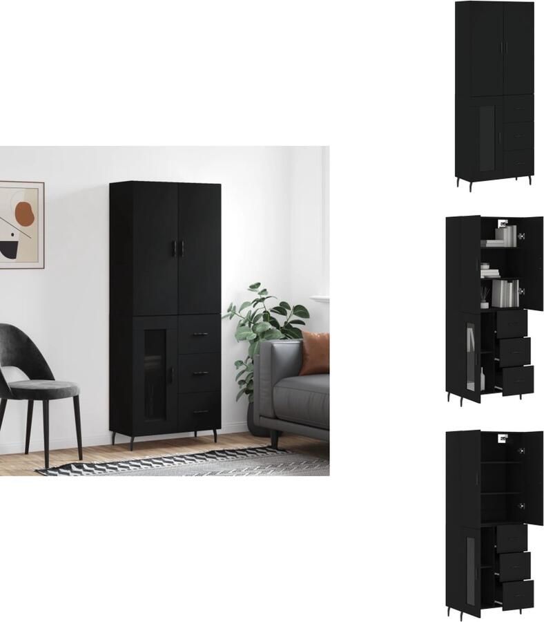 VidaXL Hoge Kast Hoge Kasten Dressoir Buffetkast Hoge kast 69-5x34x180 cm bewerkt hout zwart - Foto 2