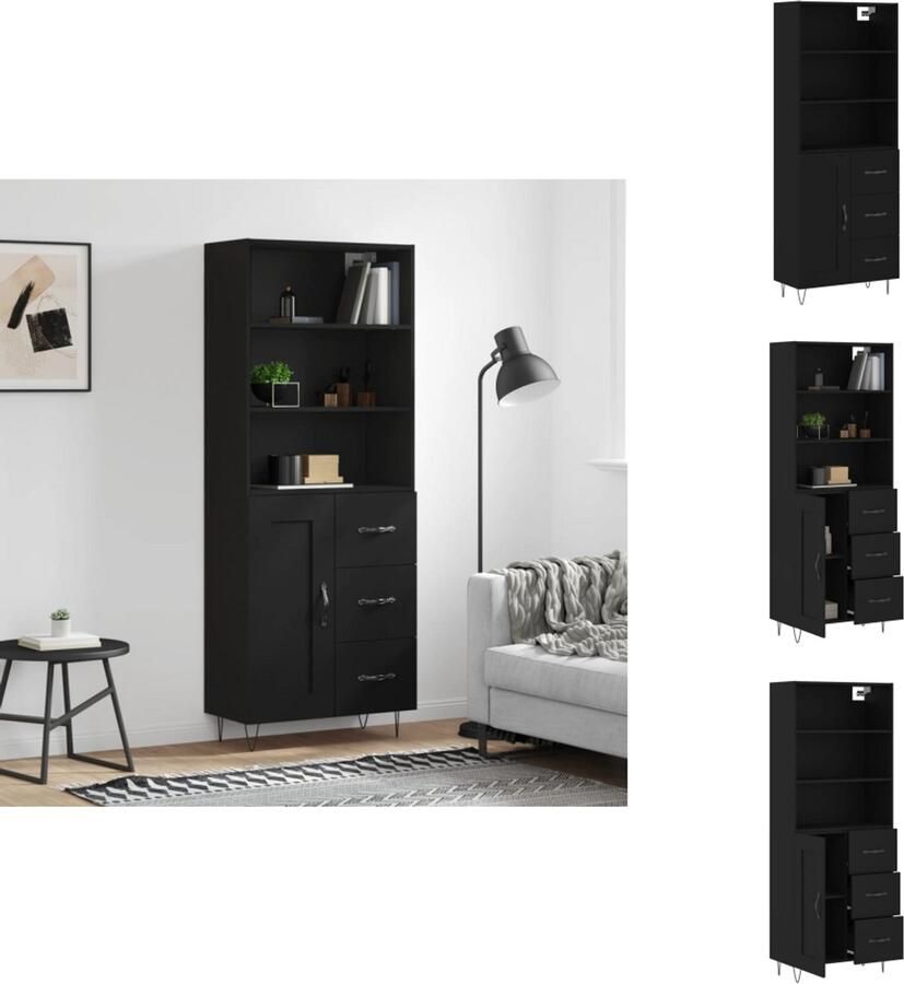 VidaXL Hoge Kast Hoge Kasten Dressoir Buffetkast Hoge kast 69 5x34x180 cm bewerkt hout zwart