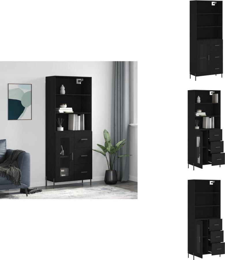 VidaXL Hoge Kast Dressoir 69.5x34x180cm Zwart Duurzaam materiaal Voldoende opbergruimte Praktische deur IJzeren poten Keukenkast - Foto 4